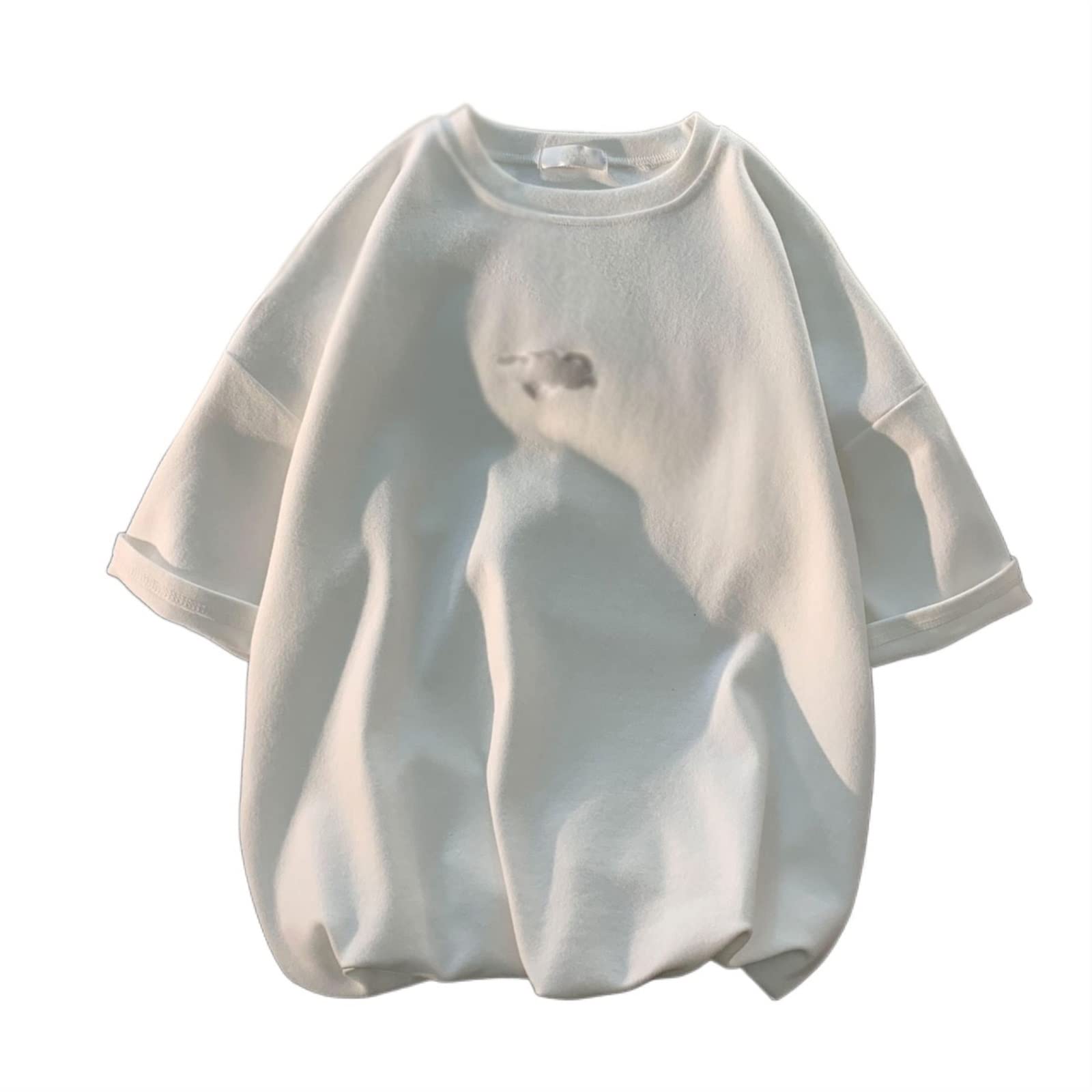 TERPONlong sleeve shirt Summer Trend Pattern T-shirt Loose Street Casual Short Sleeved Hip-hop Round Neck Top (Color : White, Size : M)