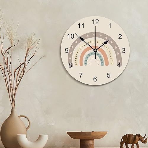 Miniatura 3 de EricauBird Reloj de pared de madera de arco iris bohemio, tono terroso, reloj redondo, silencioso, sin tictac, 12 pilas, para guardería, oficina en