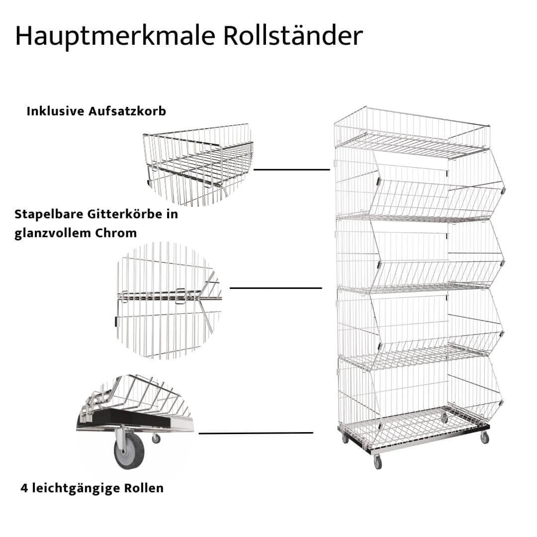 Rollregal verchromt mit 5 Gitterkörben B62 x T44,5 x H145 cm, Stapel Korbwagen, Wühlkörbe für Aktionsware, rollbares Obst- und Gemüseregal