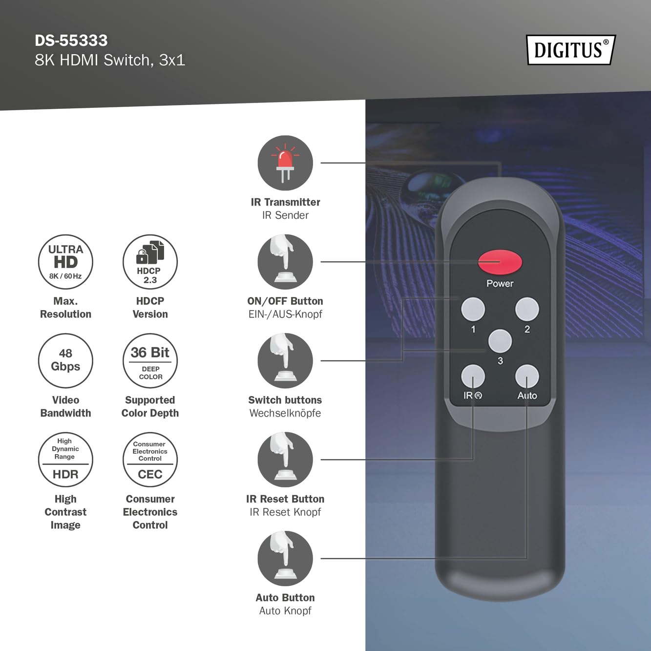 DIGITUS HDMI Switch 3x1 – 3 In 1 Out – UHD 8K 60 Hz – HDCP 2.3 & HDMI 2.1 | HDR, CEC, Deep Color, DTS, Dolby Digital, LPCM – Für TV, Monitor, Spielekonsolen