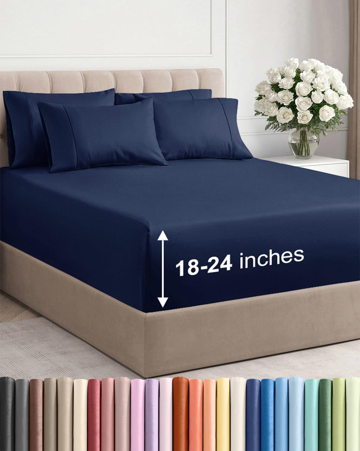 Extra Deep King Sheet Set - 6 Piece Breathable & Cooling Sheets - Hotel Luxury Bedding for Women, Men, Kids & Teens - Easy-Fit, Soft, Wrinkle Free & Comfy - Navy Blue Sheet Set with Extra Deep Pockets