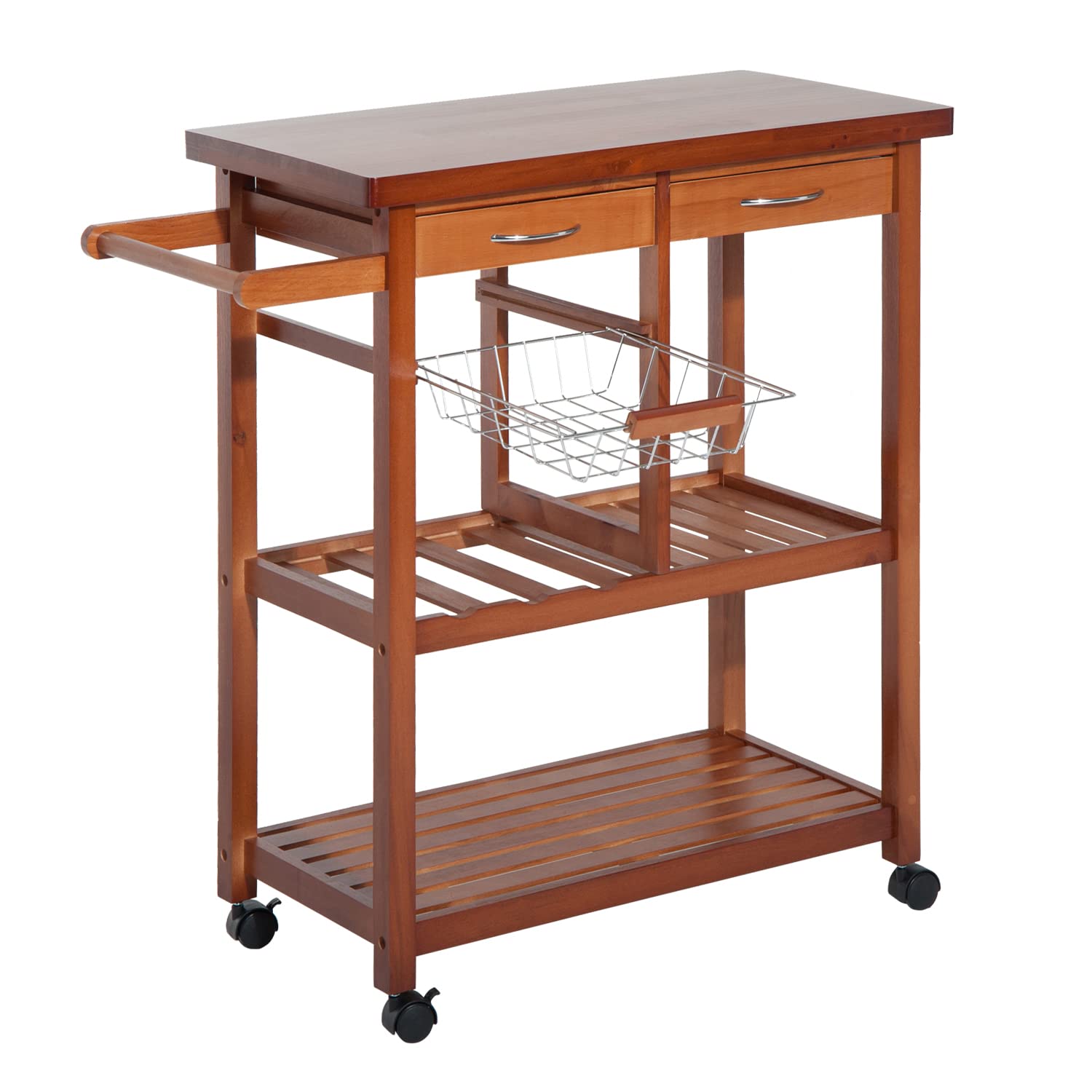 HOMCOM Carrello Portata da Cucina in Legno con Portabottiglie, Cestello, 2 Ripiani, 2 Cassetti, Legno di Pino, Resistente, Agevole, Versatile, 84.5x37.2x85cm