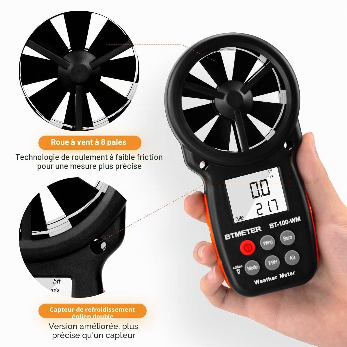 BTMETER Anémomètre Numérique Baromètre Portable, BT-100WM CFM Wind Speed Meter pour la vitesse du vent, la température, le test de refroidissement éolien avec humidité, altitude, drone d'escalade
