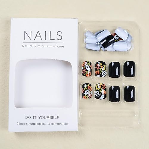 Miniatura 5 de Uñas negras de Halloween, uñas cuadradas a presión, uñas postizas cortas de cobertura completa con diseños de calavera fantasma, uñas acrílicas,
