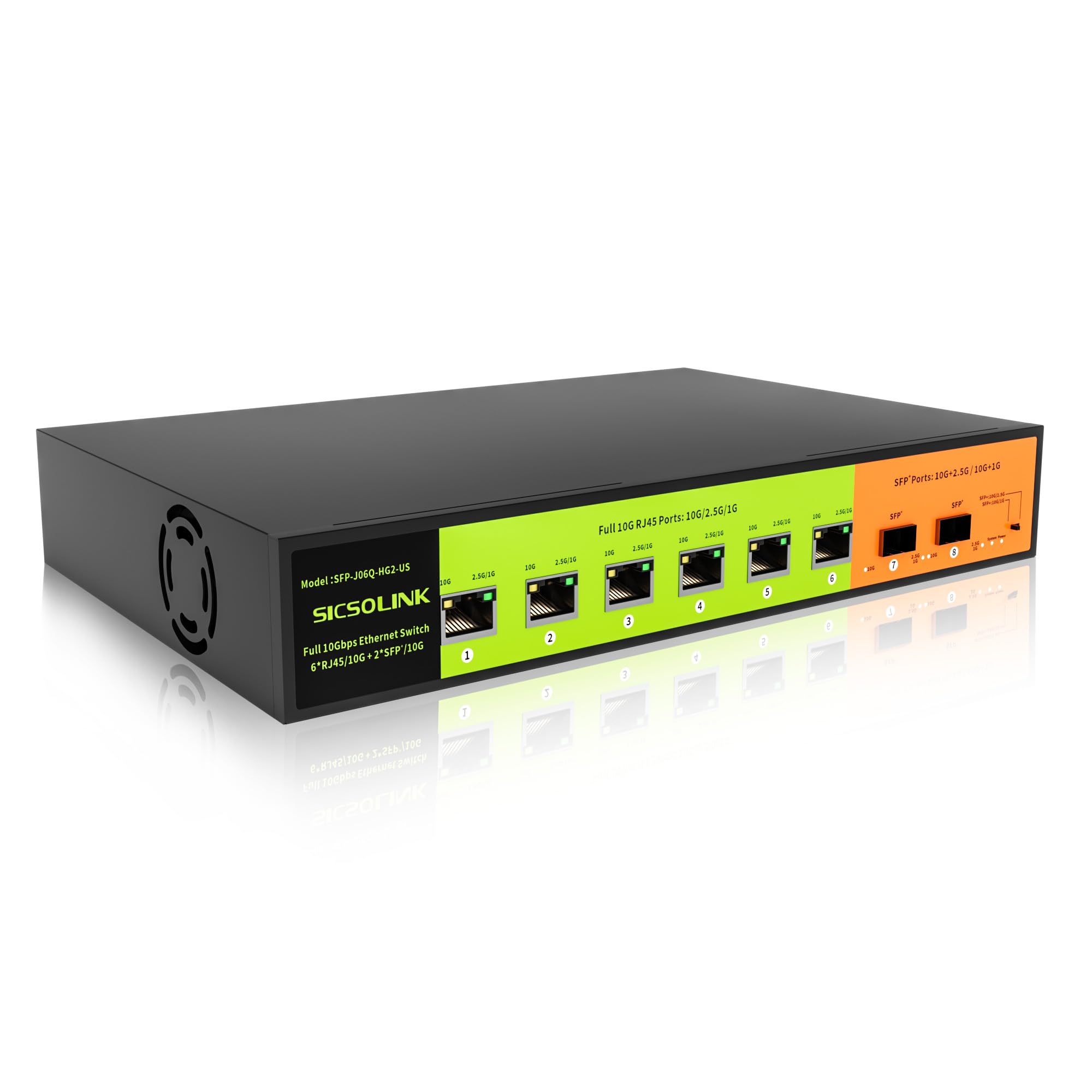 10GB Switch 8 Port Unmanaged with 6*10g RJ45 Ports, 2*10g SFP+ Ports,10Gbe Network Switch, Desktop or 19-inch Rack Mount, Silent Operation, Suitable for 10GB NAS, WiFi 7 Router and Gaming PC.