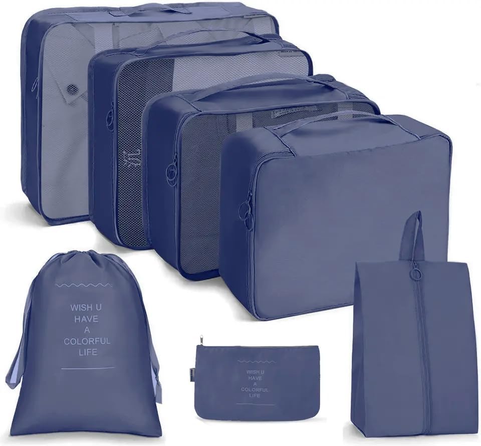 Image of 7 Pcs Foldable Luggage and Laundry Bag Pouch Waterproof Travel Toiletry Organizer Garment Storage Bag Portable Packing Cubes Storage Bag (1 Pc) (Grey) (NAVY BLUE)