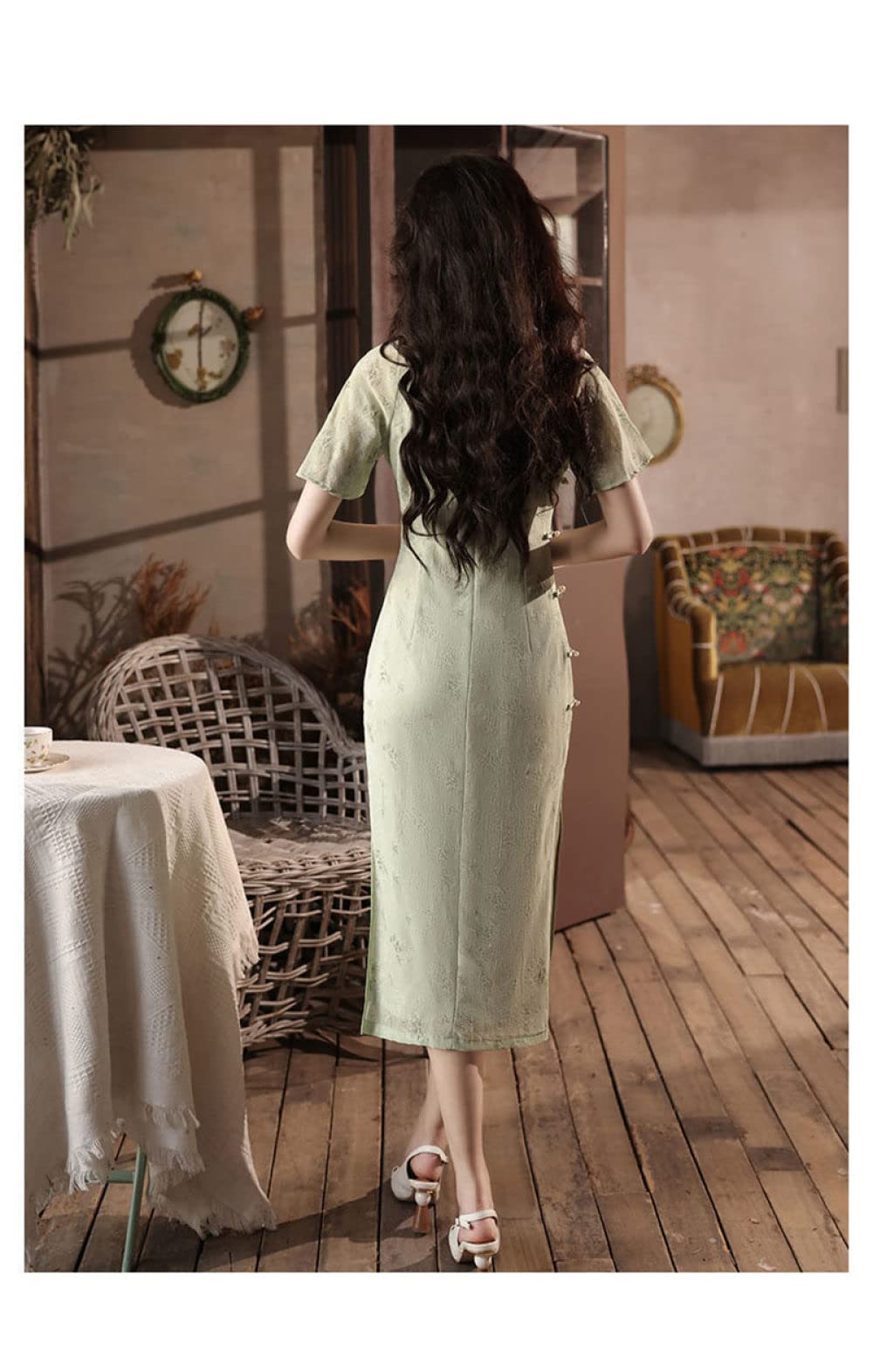 Cheongsam pour Femmes,Imiter La Robe Cheongsam en Satin Rétro Décontracté Manches Courtes Lâche Robe Midi Mince Fleur Verte Robe De Cocktail Qipao Jacquard Robe De Soirée Moulante pour Les Femm