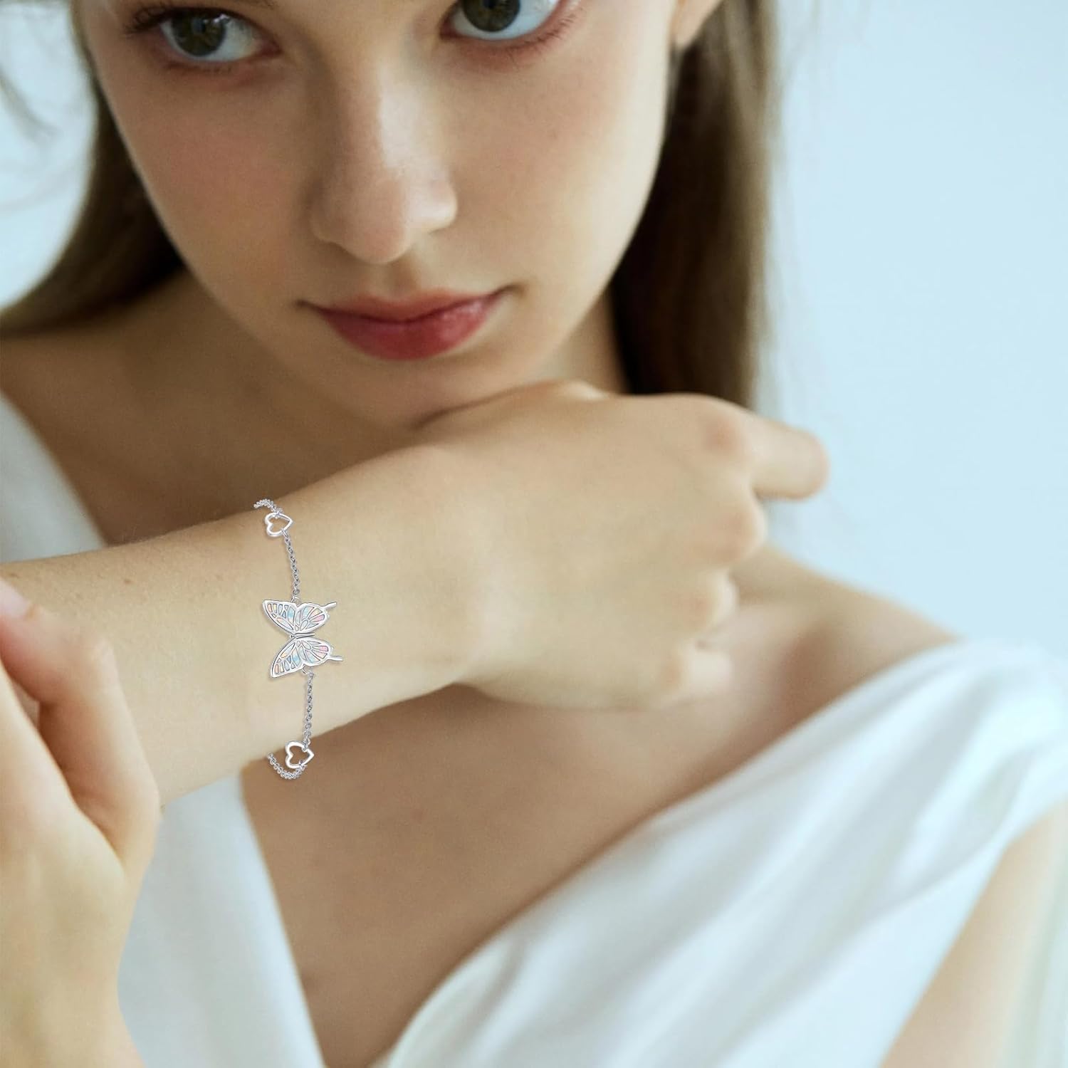 Butterfly Bracelet for Women 925 Sterling Silver Butterfly Bracelet Adjustable Bracelet with Opal/Abalone Butterfly Jewelry Gift for Women - Image 3