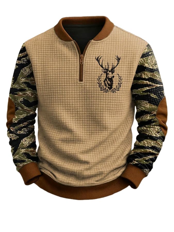 Vintage Western Elk Print Jacquard Men's Zip-Up Sweatshirt Camo Hunting Waffle Shirt