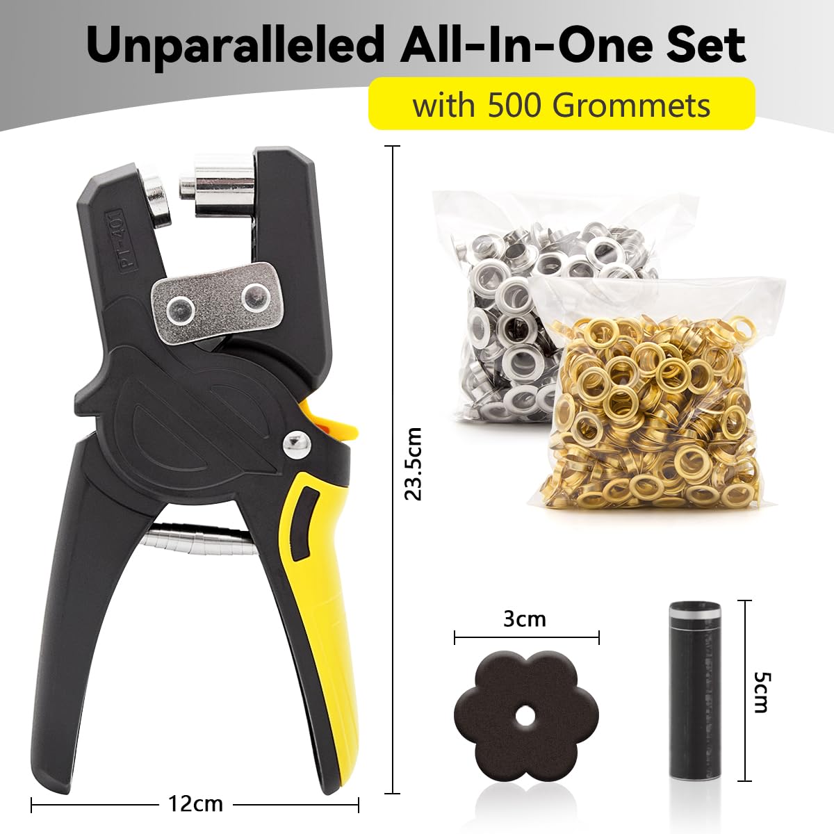 Remachadora Ojales, Alicates Ojal Cerradura con 500 Ojales (Ø Interior 10 mm), Juego de Alicates Profesionale para Lona, Cuero, Cartón, Tela PVC, Lona (Amarillo)