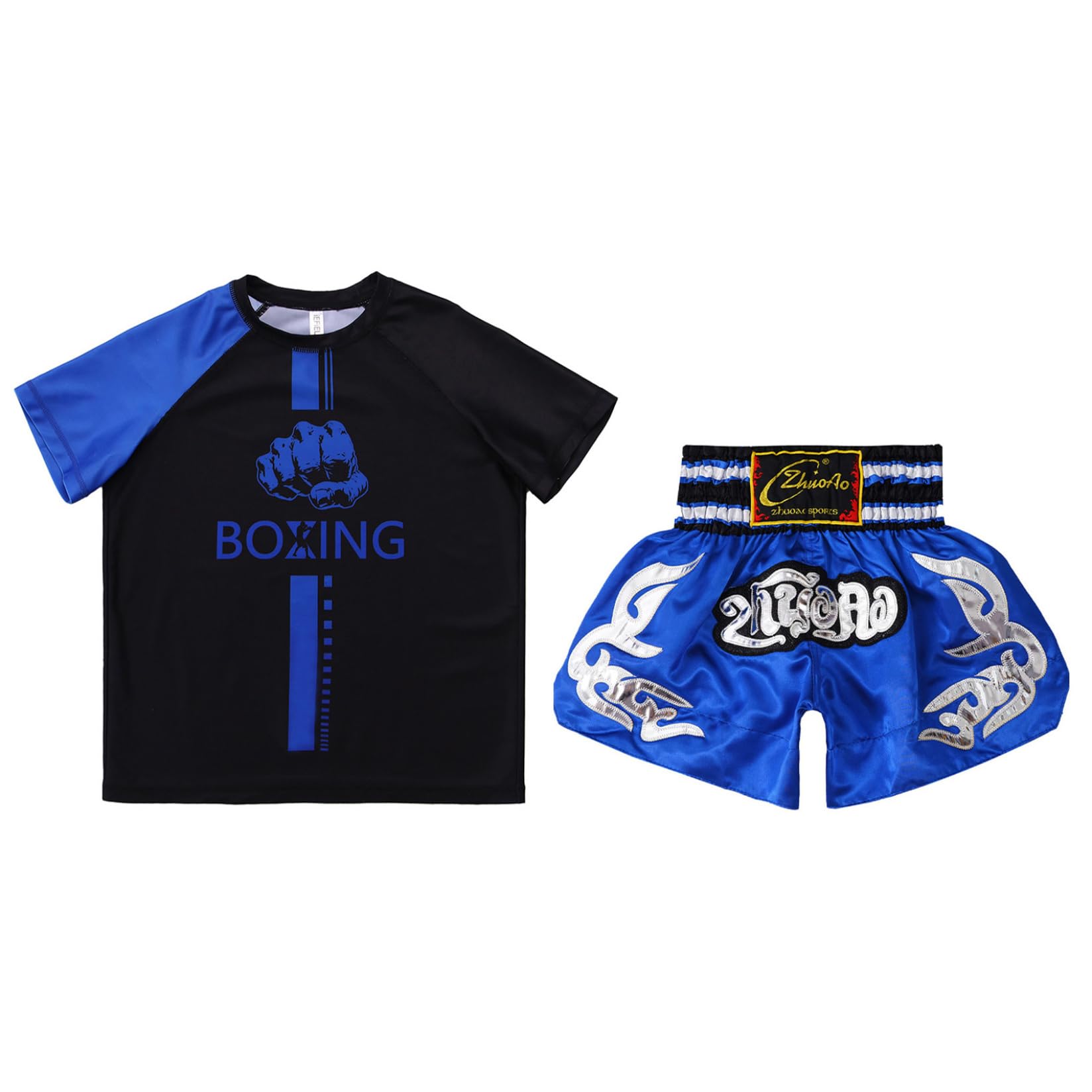 Runhomal Enfant Garçons Short de Boxe MMA Kickboxing Combat Arts Martiaux Entraînement Compétition Ensemble de Sport 5-16 Ans