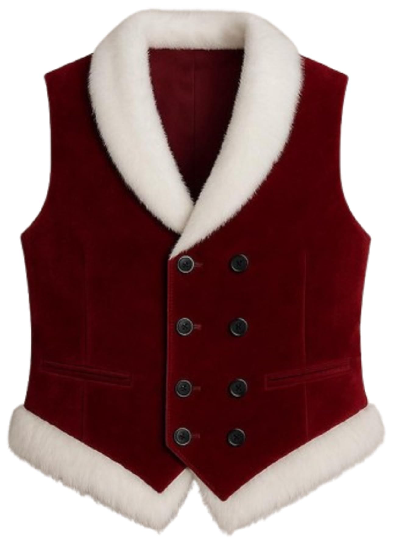 JAKRON Mens Luxury Red Velvet Santa Vest White Faux Fur Trim Holiday Party Outfit