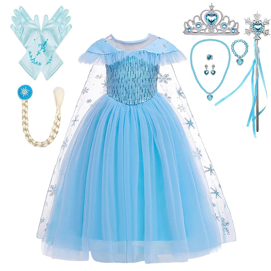 Lito Angels Disfraz Princesa Elsa con Capa Vestido la Reina de Nieves Reino del Hielo para Niñas, Talla 3-10 años, Manga Larga/Manga Corta, Azul