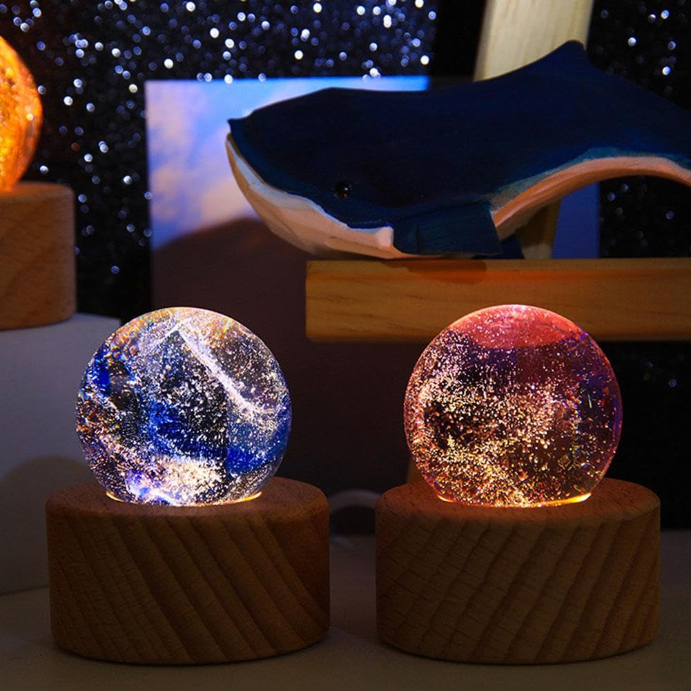 Chakra di cristallo con sfere di ghiaccio incrinate, sfera di cristallo a LED con supporto in legno a LED, sfera di cristallo naturale, luce notturna, set di sfere decorative per chakra