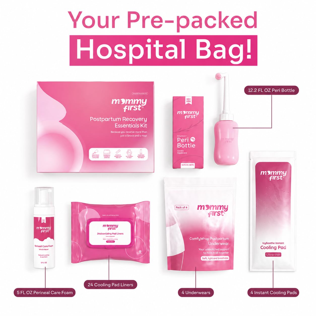 Kit esencial de recuperación posparto, incluye ropa interior desechable, almohadillas de enfriamiento instantáneo avanzadas, espuma curativa de hamamelis, forros de almohadilla de