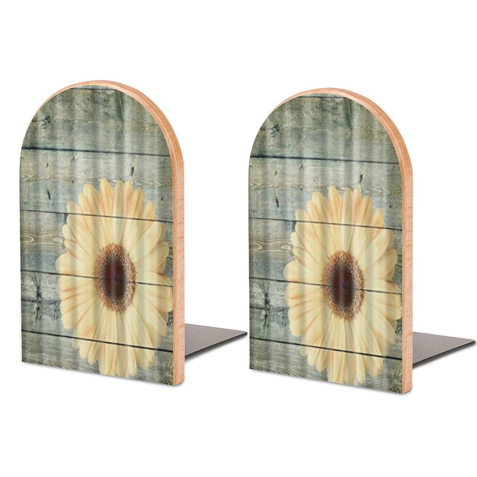 Yellow Black Wooden Board Flowers Sunflowers Beech Wood Bookends Heavy Duty Book Organizers Desktop File Holder for Office Home Bookshelf