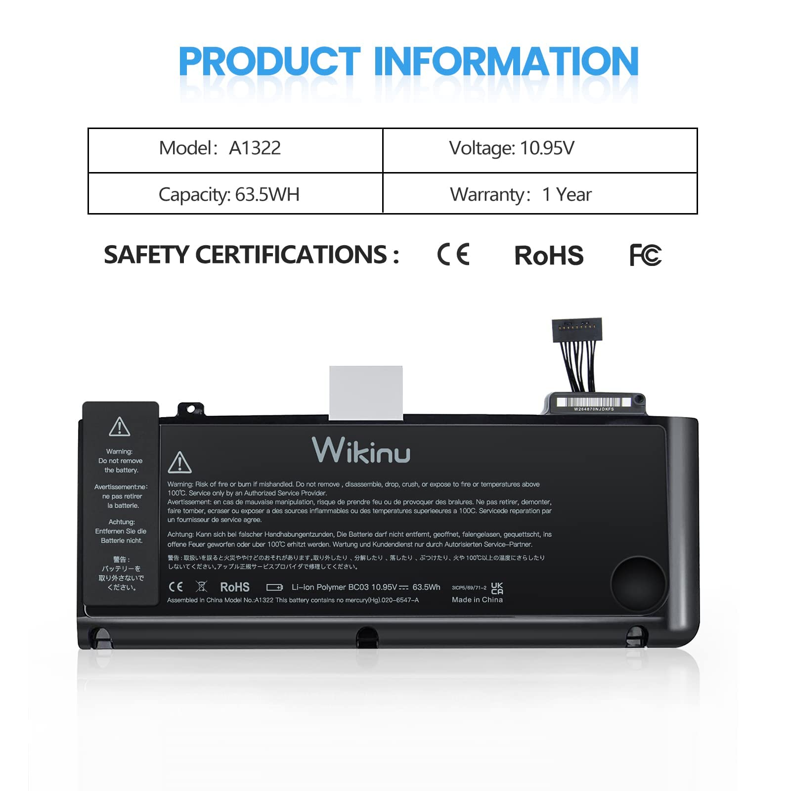 Wikinu A1322 Batteria per MacBook Pro 13 pollici A1278 (metà 2009, metà 2010, inizio 2011, fine 2011, metà 2012) si adatta MD314LL/A MC374LL/A MC700LL/AMB990LL/A MB991LL/A MD101LL/A MD102LL/A