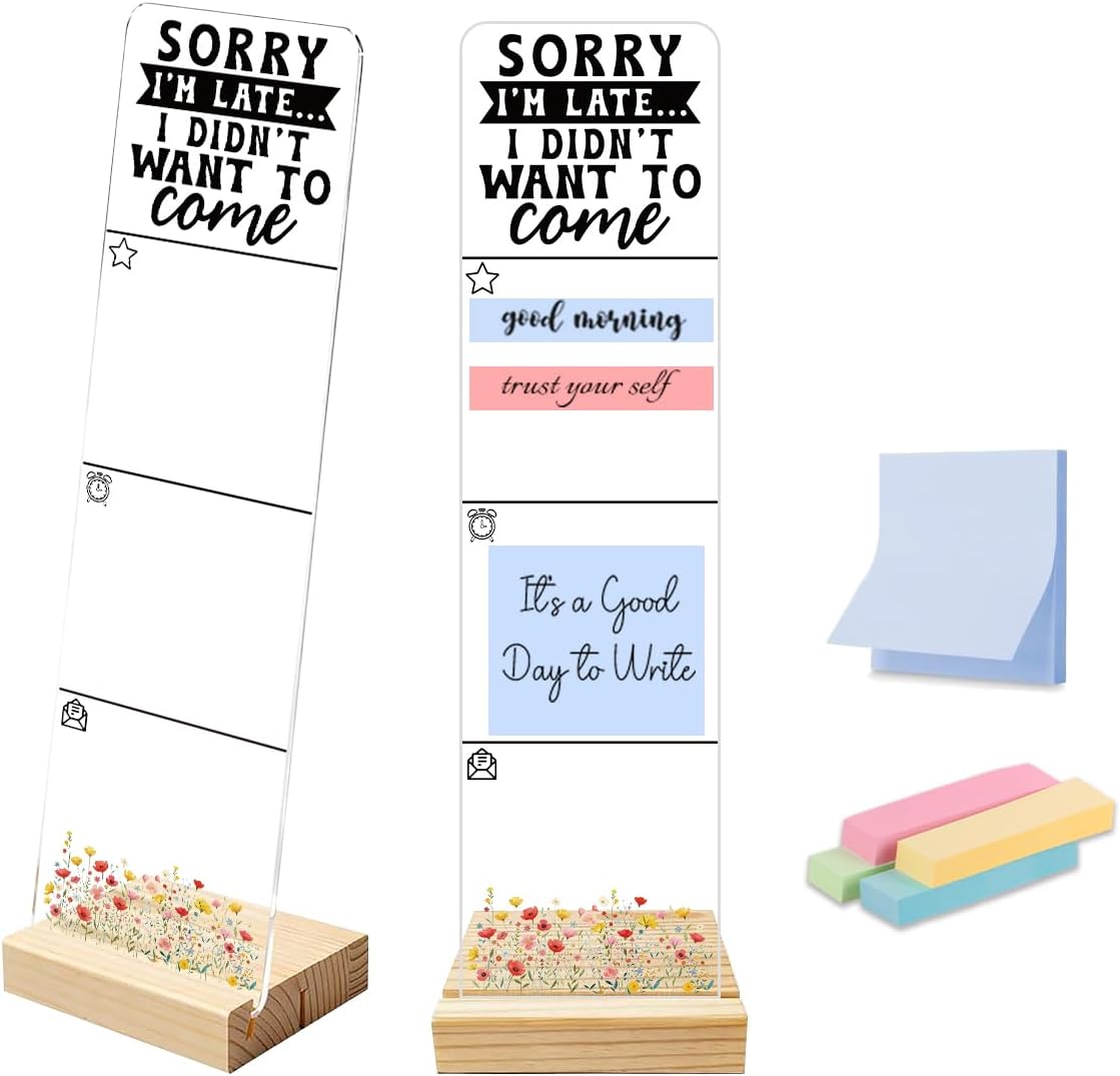 Sticky Note Holder, Monitor Memo Board, Acrylic Post It Note Holder with Wooden Base, Includes 200 Notes, Desk Organizer Funny Introvert Quote