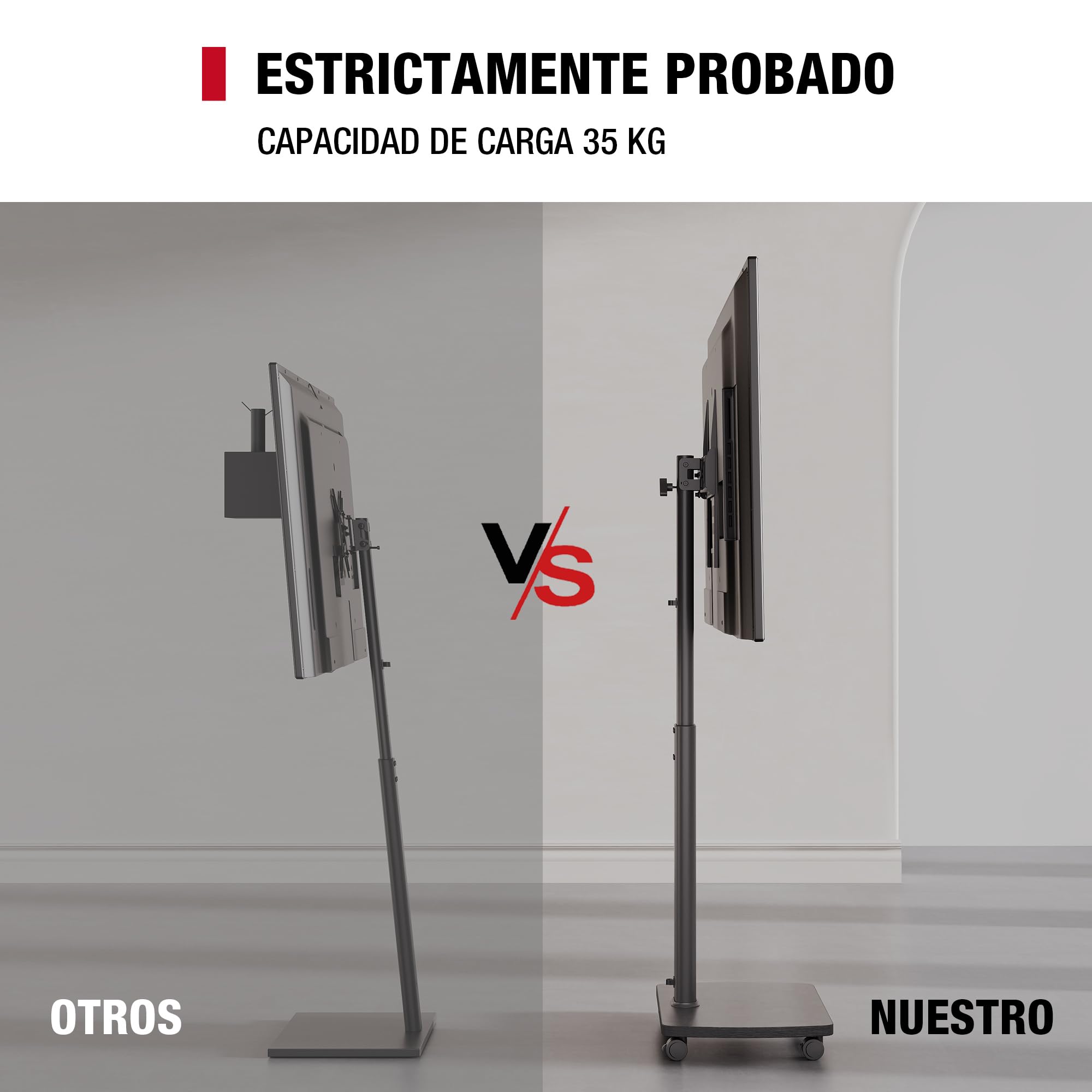 AOKCOS Soporte de TV enrollable con estante de madera, soporte de televisión con ruedas para televisores planos y curvos de hasta 35 kg, giratorio 90°, altura ajustable, máx. VESA 400 x 400 mm (negro)