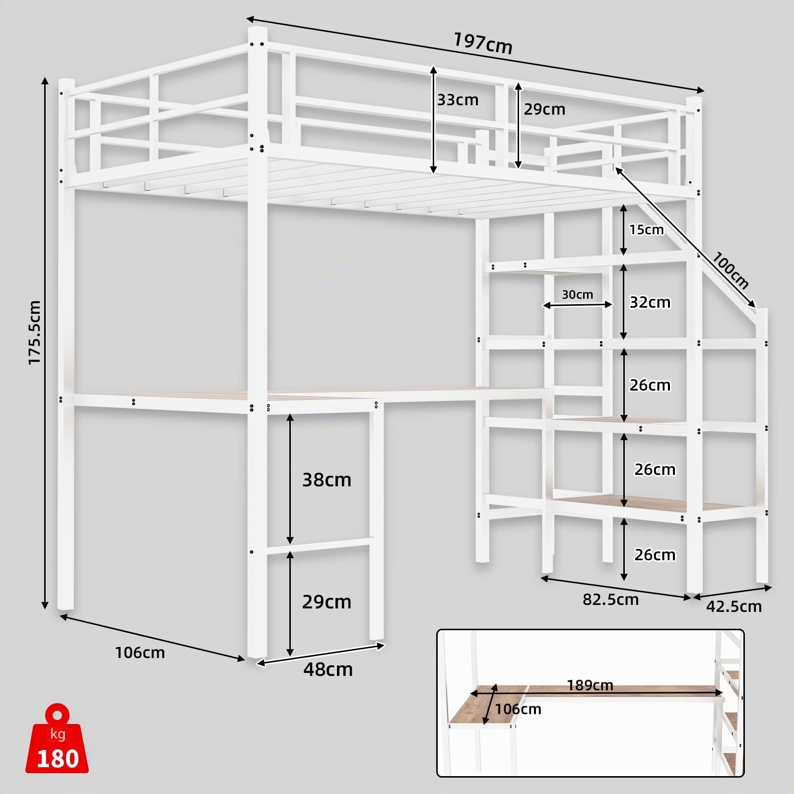 Cama alta de metal 90 x 190 cm, con escritorio, escalera con amplio espacio de almacenamiento y compartimentos, barandilla de seguridad, color blanco (sin colchón)