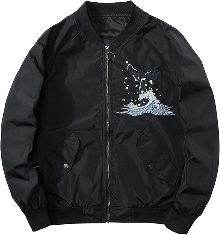 Amazon | スカジャン メンズ 刺繍 クジラ ジャケット スタジャン 薄手