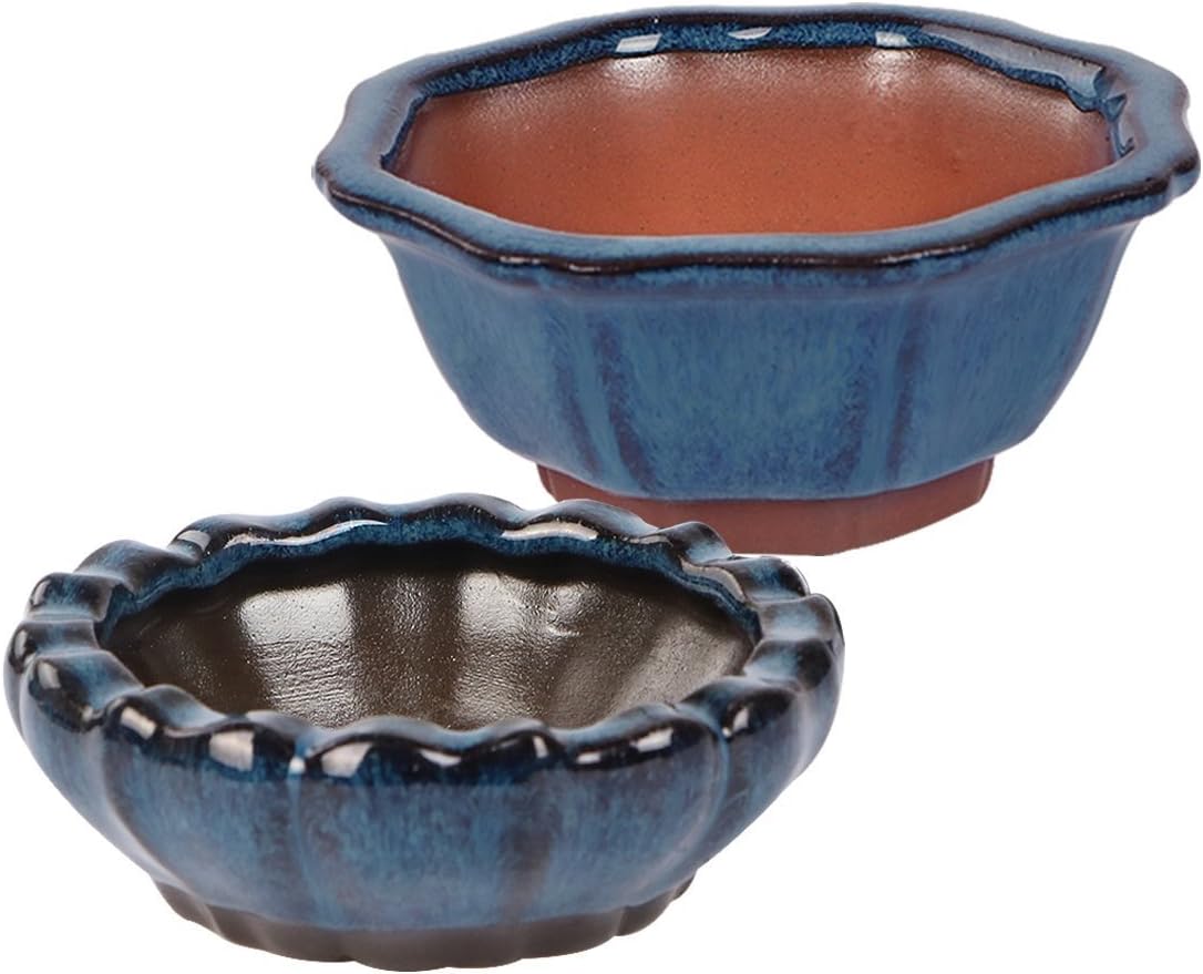 Happy Bonsai Small Glazed Pots, Value Set of 2 + 4 Soft Mesh Drainage Screens
