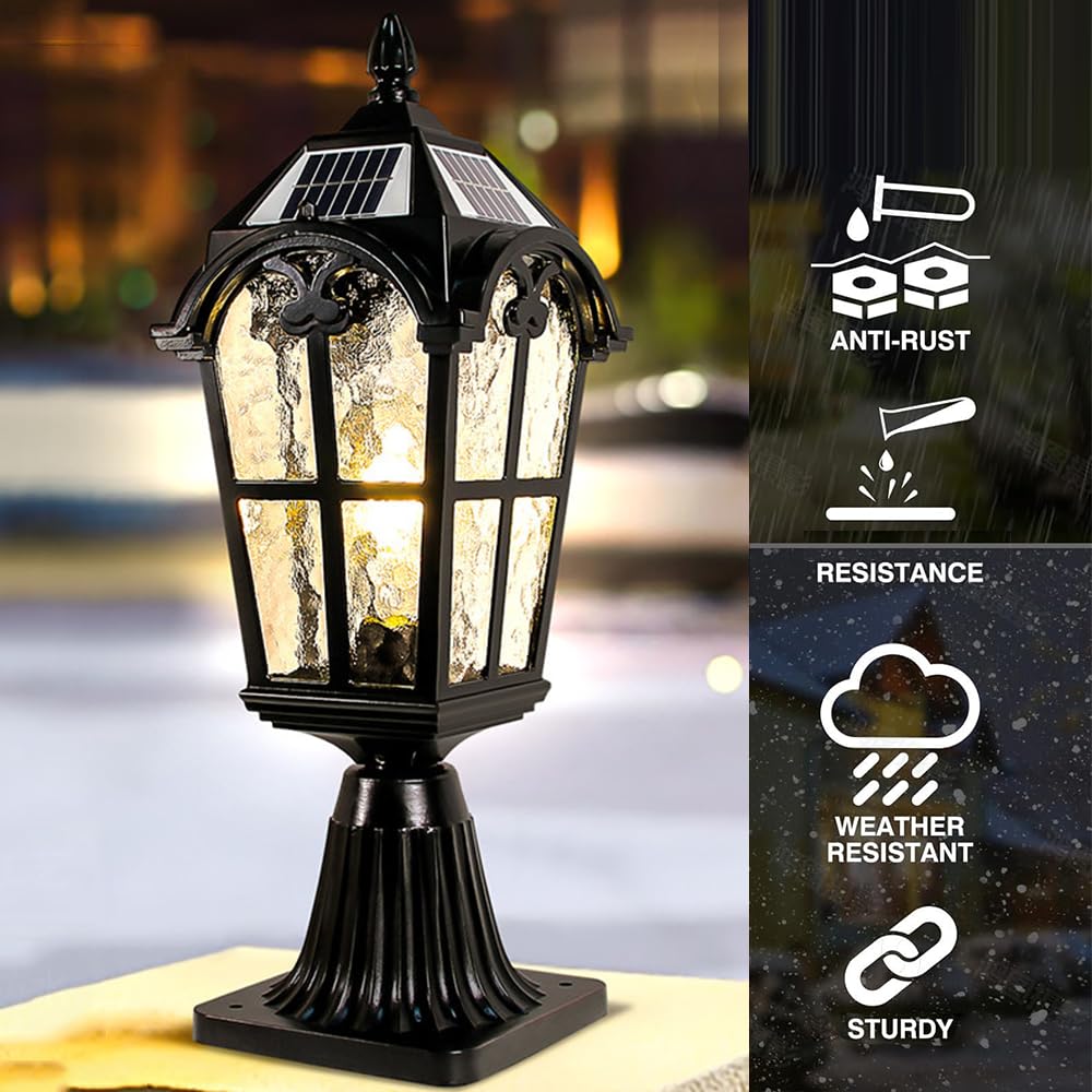 Lampa słoneczna do ogrodzenia ściennego górne czarne oświetlenie zewnętrzne do słupków tarasowych i ogrodowych Lampa solarna na filarze Vintage latarnia ogrodowa ze szkłem do dekoracji