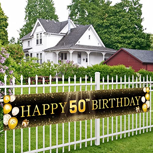 Image of TZSS Black & Gold 50th Birthday Banner Decorations - Extra Large 118 inchx20 inch Reusable Yard Sign for Women & Men, Over The Hill Party Decor Indoor Outdoor, 50 and Fabulous Happy 50th