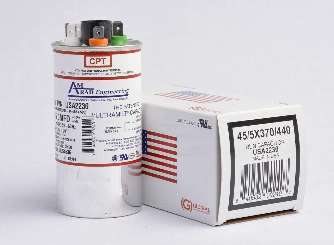 45 + 5 uf/Mfd Round Dual Universal Capacitor โข AmRad USA2236 - Used for 370 or 440 VAC, Made in The U.S.A.