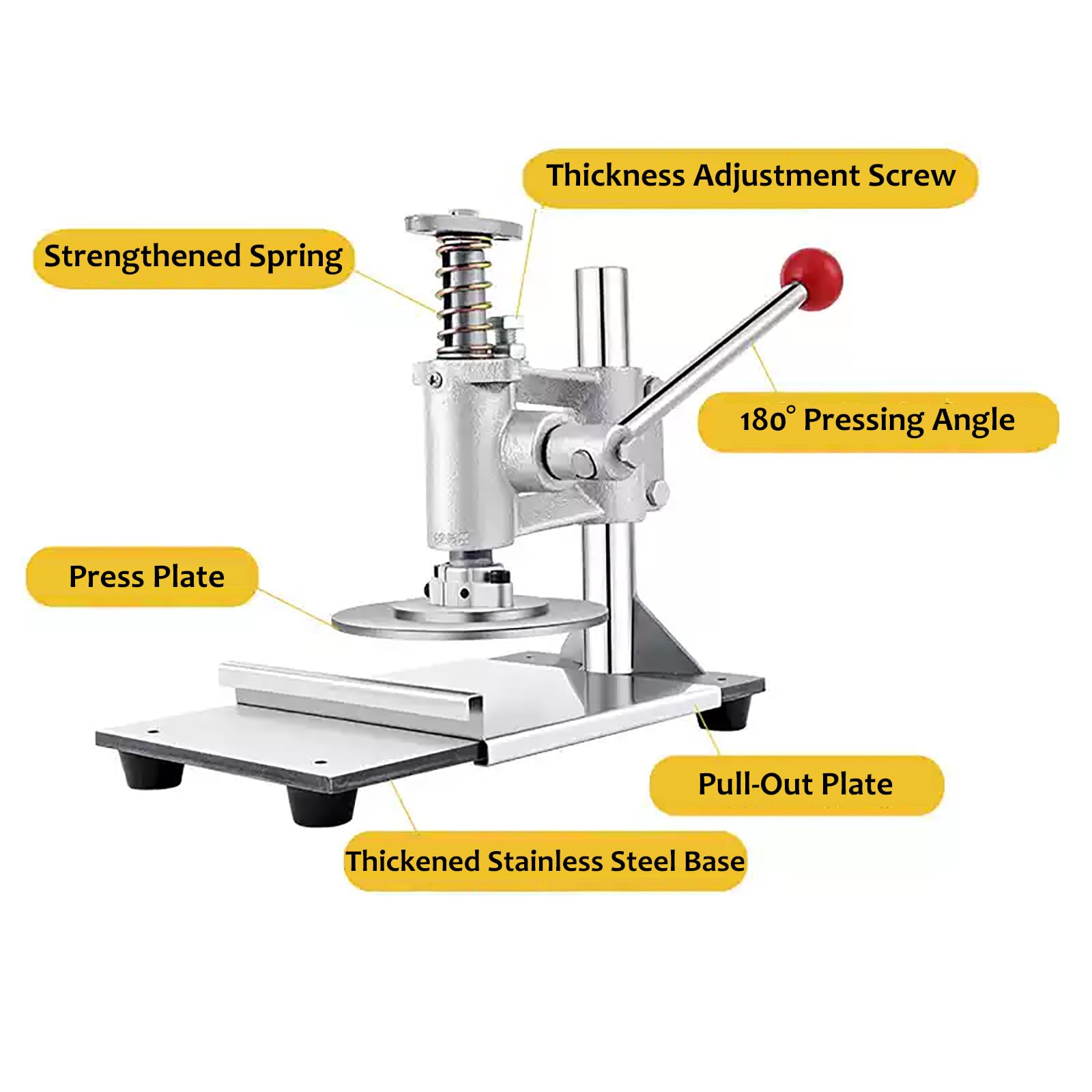 Pressa per impasto per pizza, rullo manuale per pasta, spessore regolabile, struttura in acciaio inox, ideale per pizzerie e snack, opzioni di diametro di 12/14/16 cm