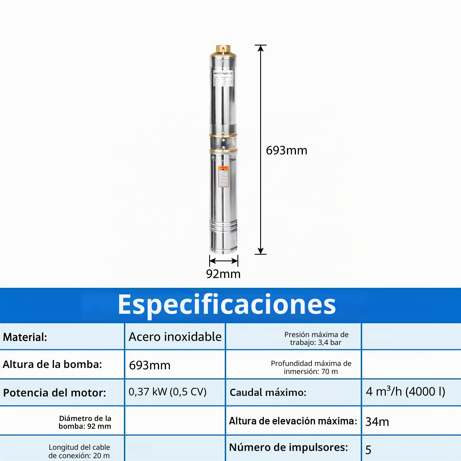 ACXIN Bomba de agua sumergible pozo 100 cm – Bomba para pozos profundos profundos, Bomba Sumergible de 92 mm de diámetro, (1,1 kW/4.000 l/h)