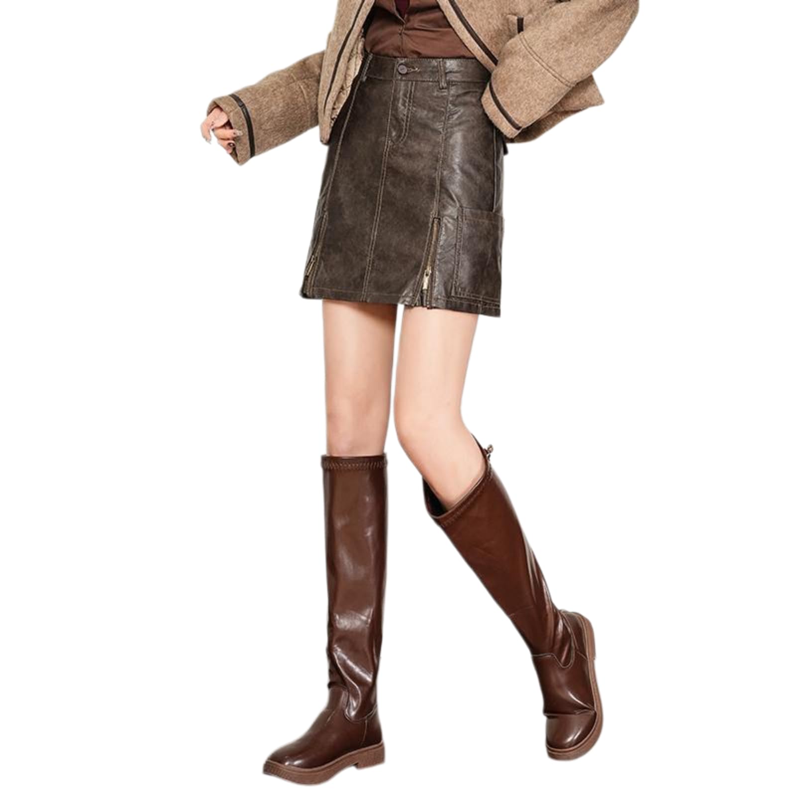 Minifalda Mujeres De Alta Cintura PU Cuero Mini Falda A-línea Slim Fit Otoño Invierno, Falso Falda-Brown-s