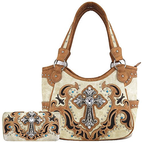 Western Style Rhinestone Cross Tote Concealed Carry Purse Laser Cut Handbag Women Shoulder Bag Wallet Set