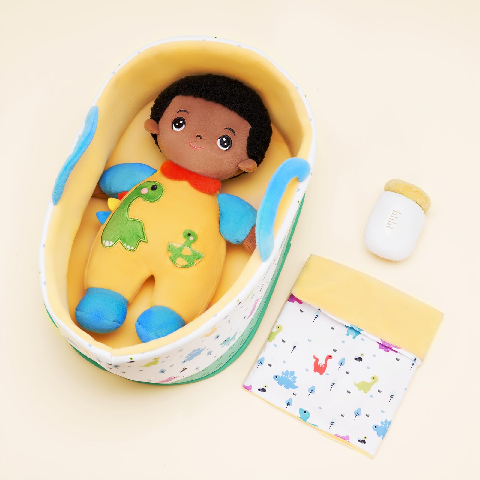 OUOZZZ Black Baby Doll with Accessories, 9.5" Dinosaur Soft Doll – Washable Plush toy – Cute and Safe Toy Gift