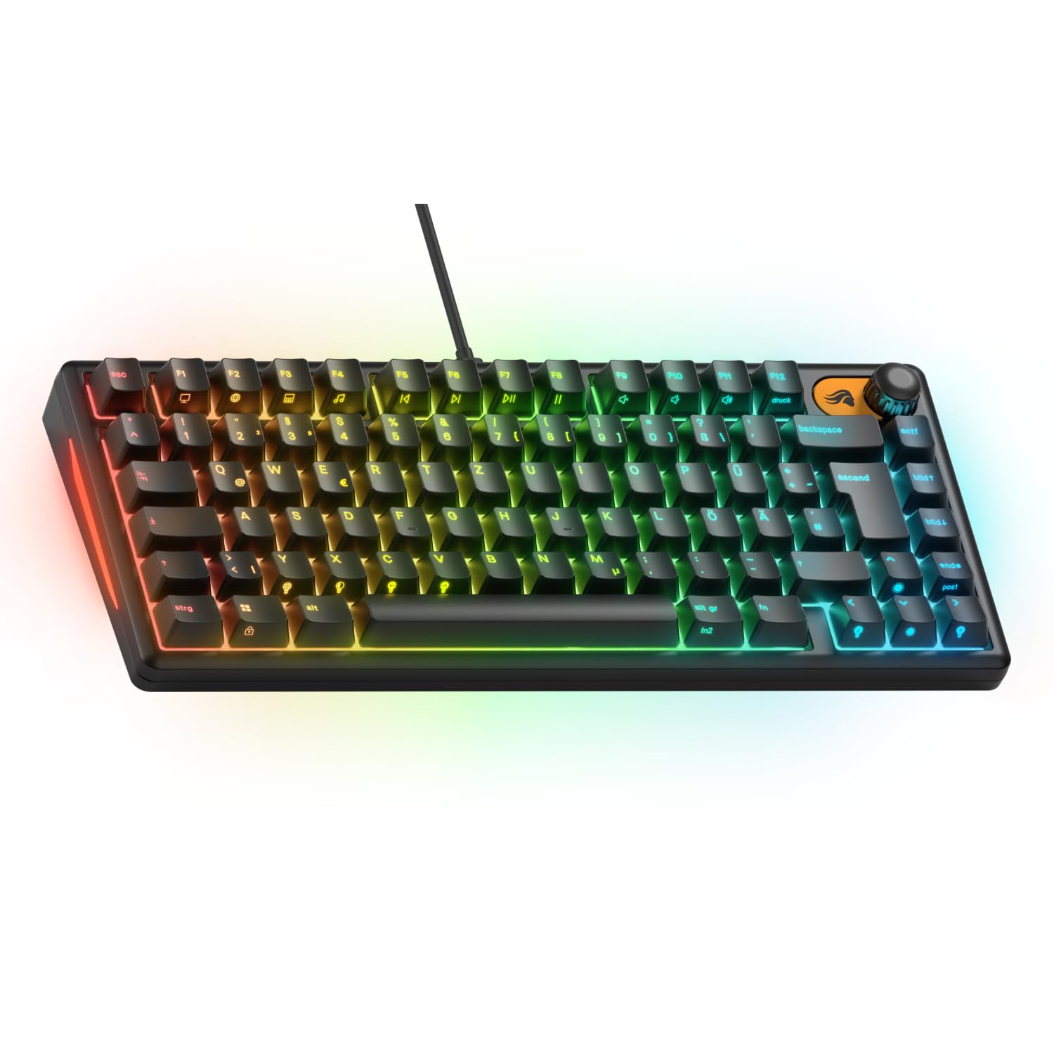 Glorious Klawiatura mechaniczna GMBK 75 Percent DE układ ISO, wymienne nakładki na klawisze MX, zdejmowane USB, odporność na wodę i kurz IP57, 10-strefowe światła RGB, 321 x 137 x 41 mm