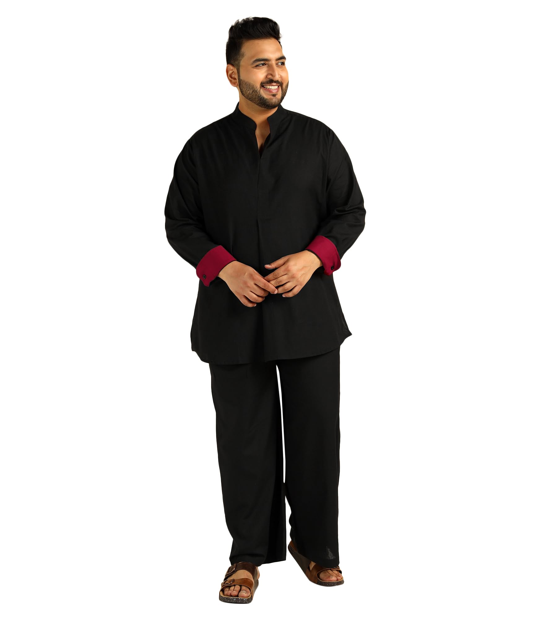 Men's Solid Cotton Kurta with Bell Bottom Pant Cord Set|Mens Kurta Pajama Set|Plus Size Co ords for Men Fashion|Beach Casual Wear|Two Piece|Mandarin Collar|Full Sleeve(Black)-image-49