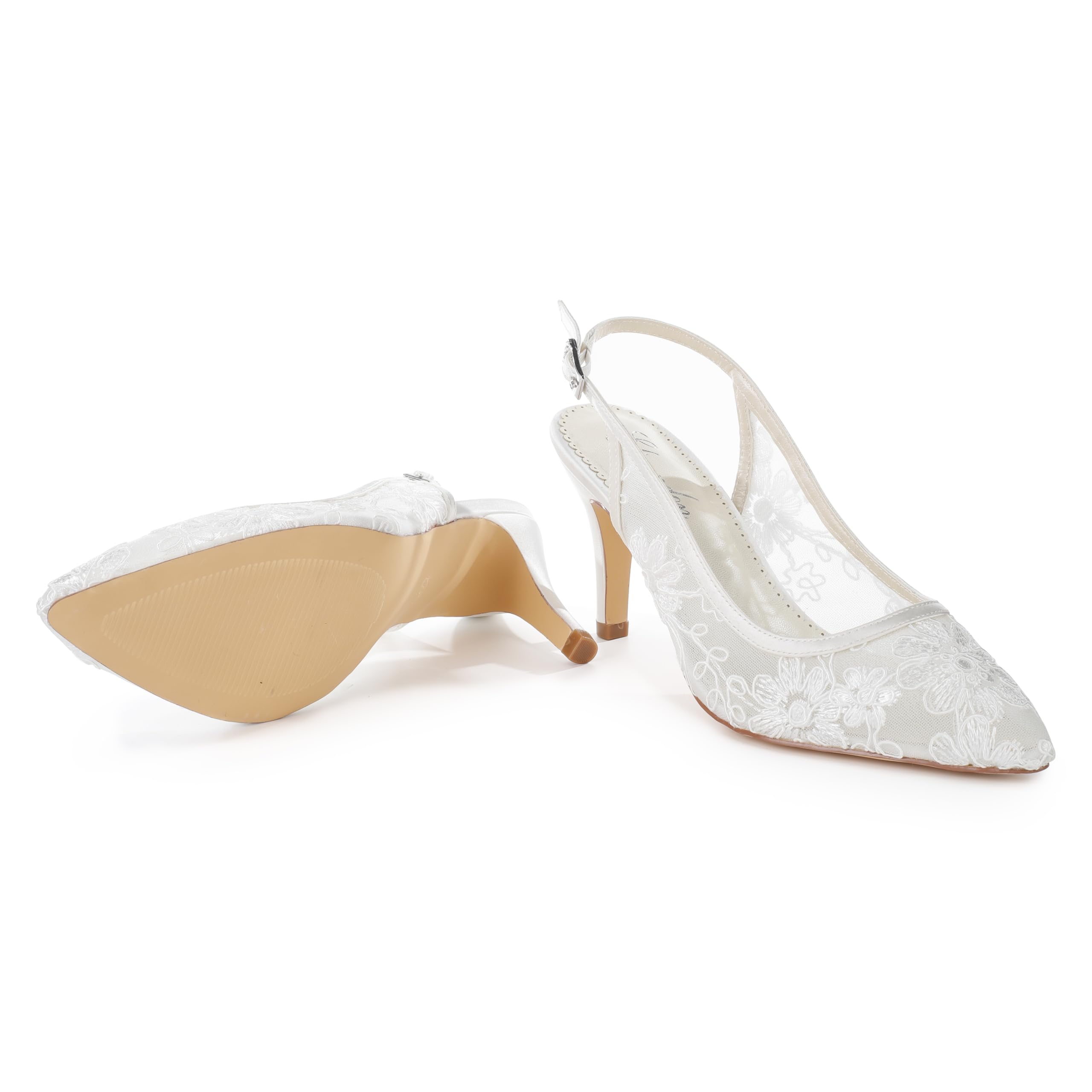 Elivandon 870175 Frauen Slingback Spitze Hochzeitsabsätze Schnallenriemen 8 cm Mittlerer Absatz Hochzeitsschuhe Brautschuhe