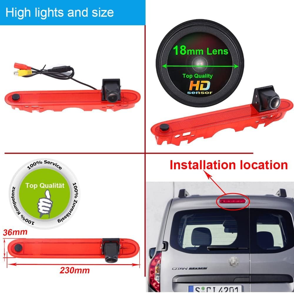 Moniteur LCD TFT 7 pouces + 1280 x 720 pixels dans le 3ème feu stop feu stop toit caméra de recul pour Renault Kangoo II 2007-2021/Mercedes Benz Citan Tourer W415 Micro Camper 2012-2021