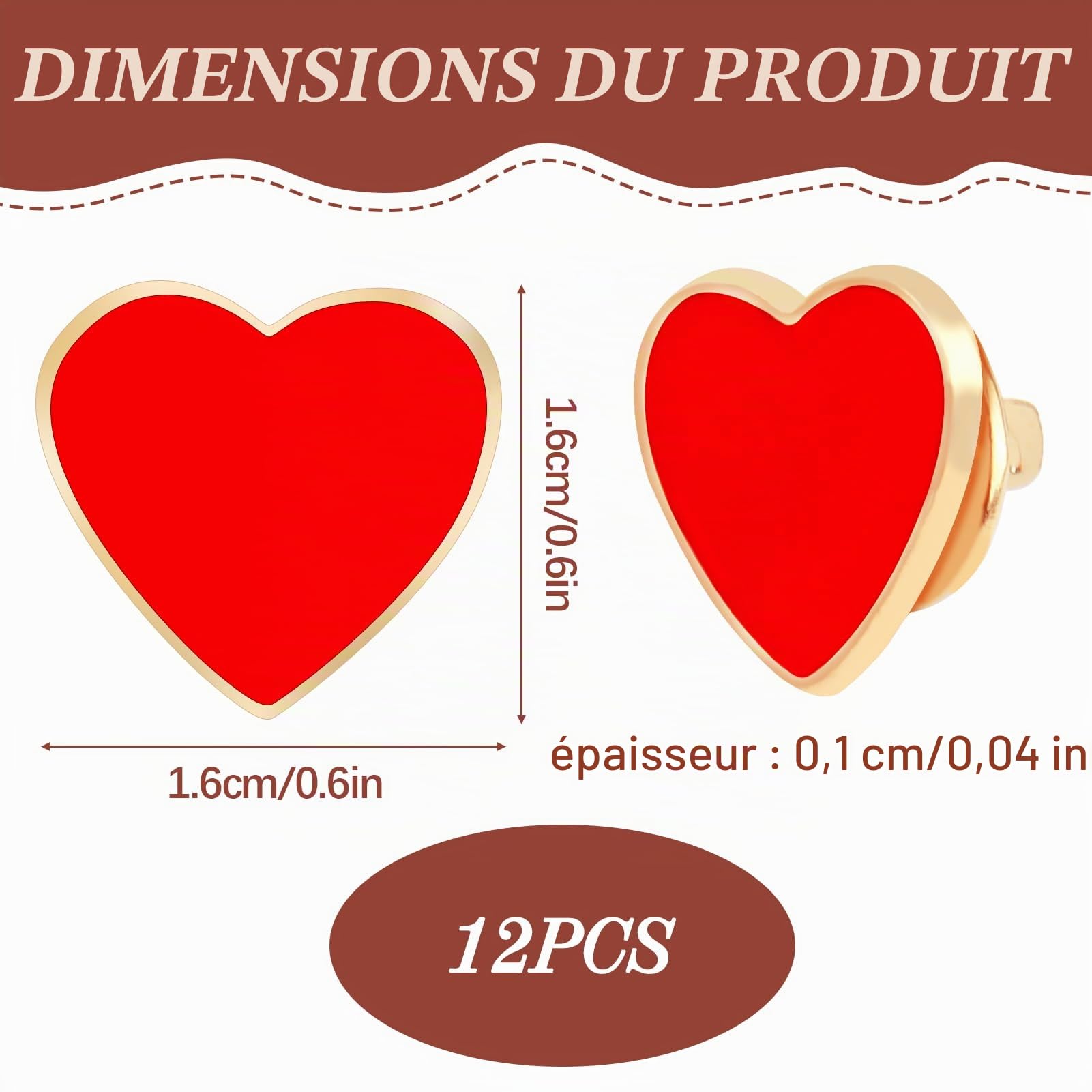 12 Pièces Broches en Coeur, Pins en Forme de Cœur Rouge Émail, Accessoires Romantiques pour Sacs Vêtements Chapeaux, Mariage et Saint Valentin Decoration