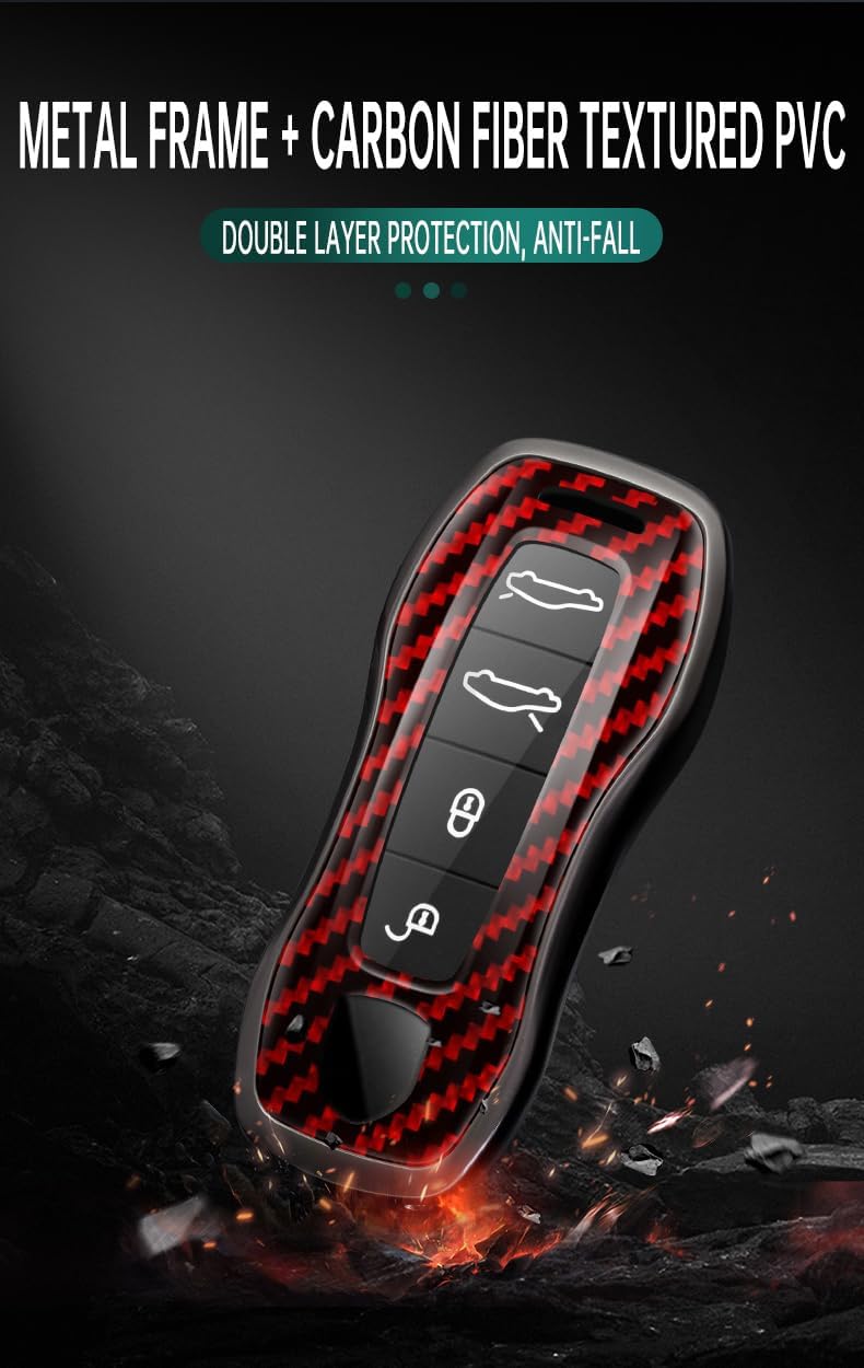 HIBEYO 3/4 Button Key Fob Cover for Porsche 911 Cayenne Macan Panamera Taycan Accessories with Keychian for Porsche PVC Carbon Fiber Texture Key Case Cover-Red