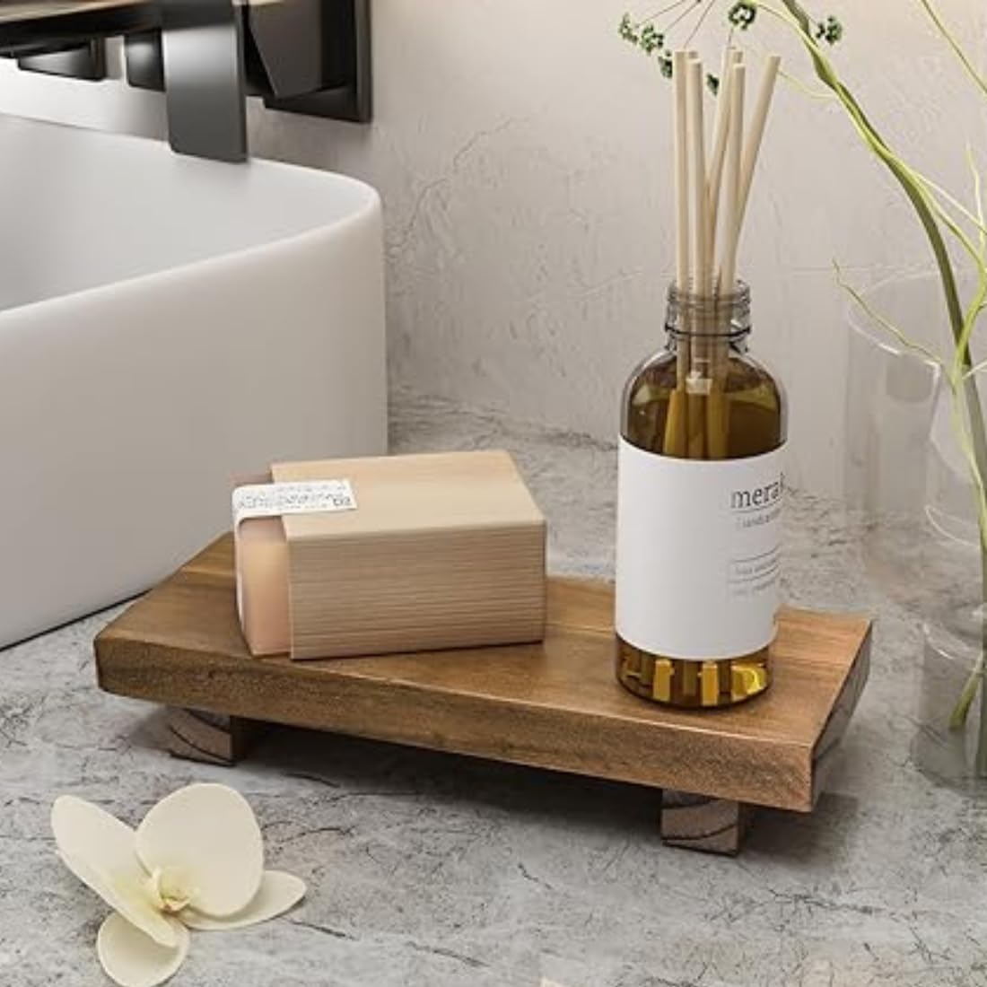 Crysellewoods Pedestal Stand Risers for Decor, 8.7''x3.5'' Small Wooden Riser Soap Stand for Table Countertop Kitchen Sink Decor, Farmhouse Footed Tray for Candle Bathroom Counter Decor, Walnut Color