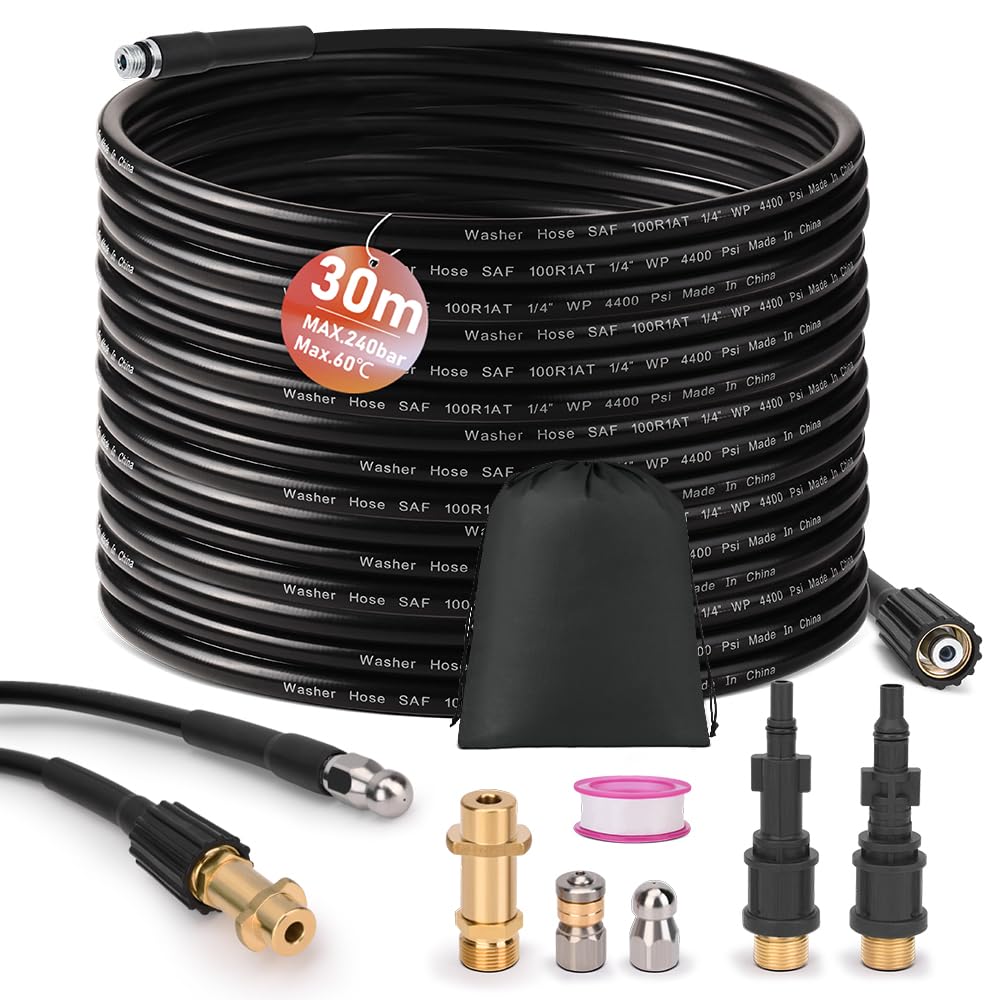 30m Rohrreinigungsschlauch inkl 3 Adapter, 2 Düsen starr + rotierend, Rohrreinigungsset für K2-K7,LAVOR,Bosch,Parkside Abflussreiniger Hochdruckschlauch Rohrreiniger Hochdruckreiniger Hose 240Bar 60°C