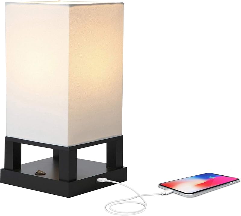 Maxwell Bedside Lamp with USB Port – Compact Table Lamp for Bedroom, Living Room - Modern Asian Nightstand Lamp with Wood Frame - LED Bulb, Soft Light - Black