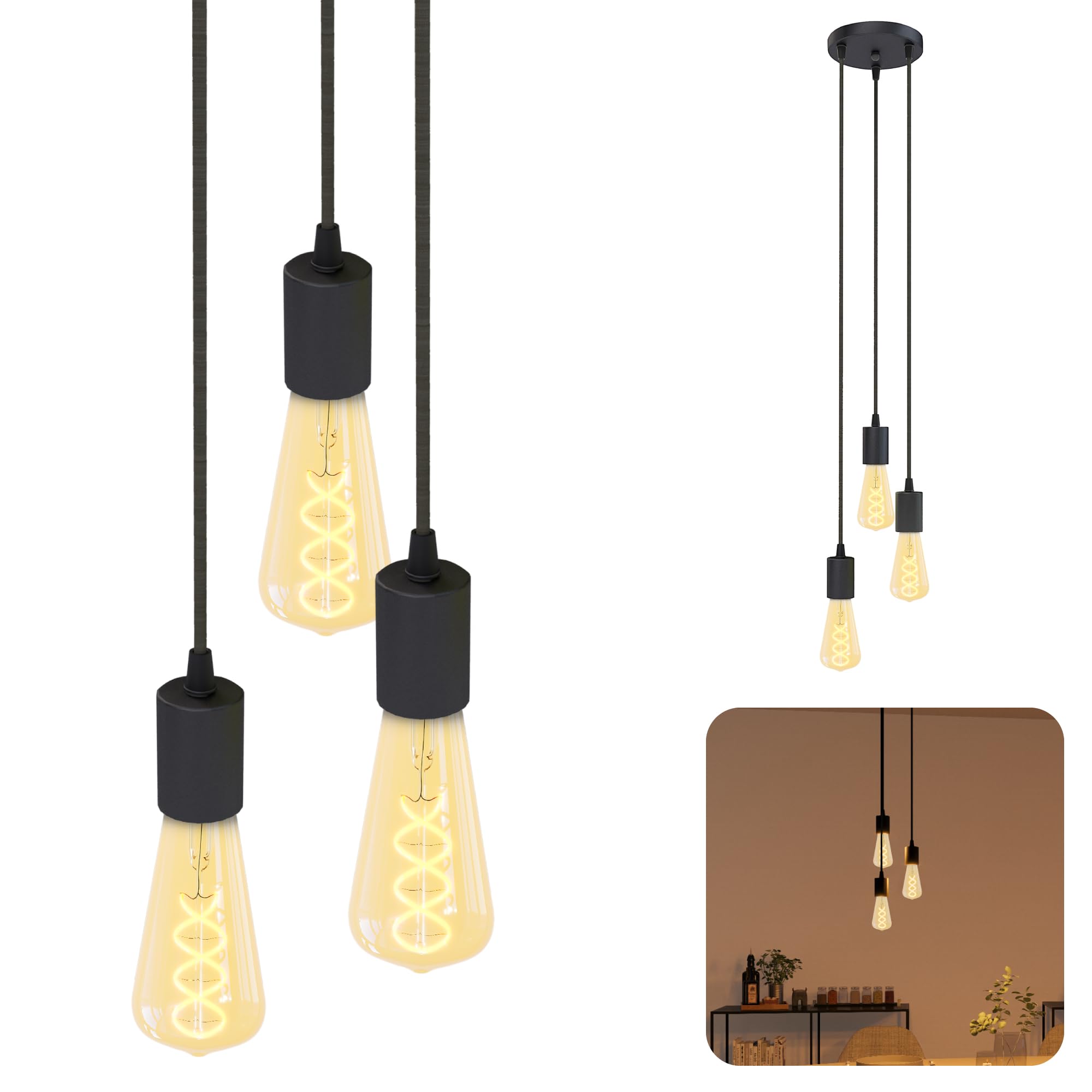 SSC-LUXon PARU Hängeleuchte 3-flammig Retro - Industrial Style Pendellampe mit Textilkabel inkl. Edison E27 Filament LED Lampen