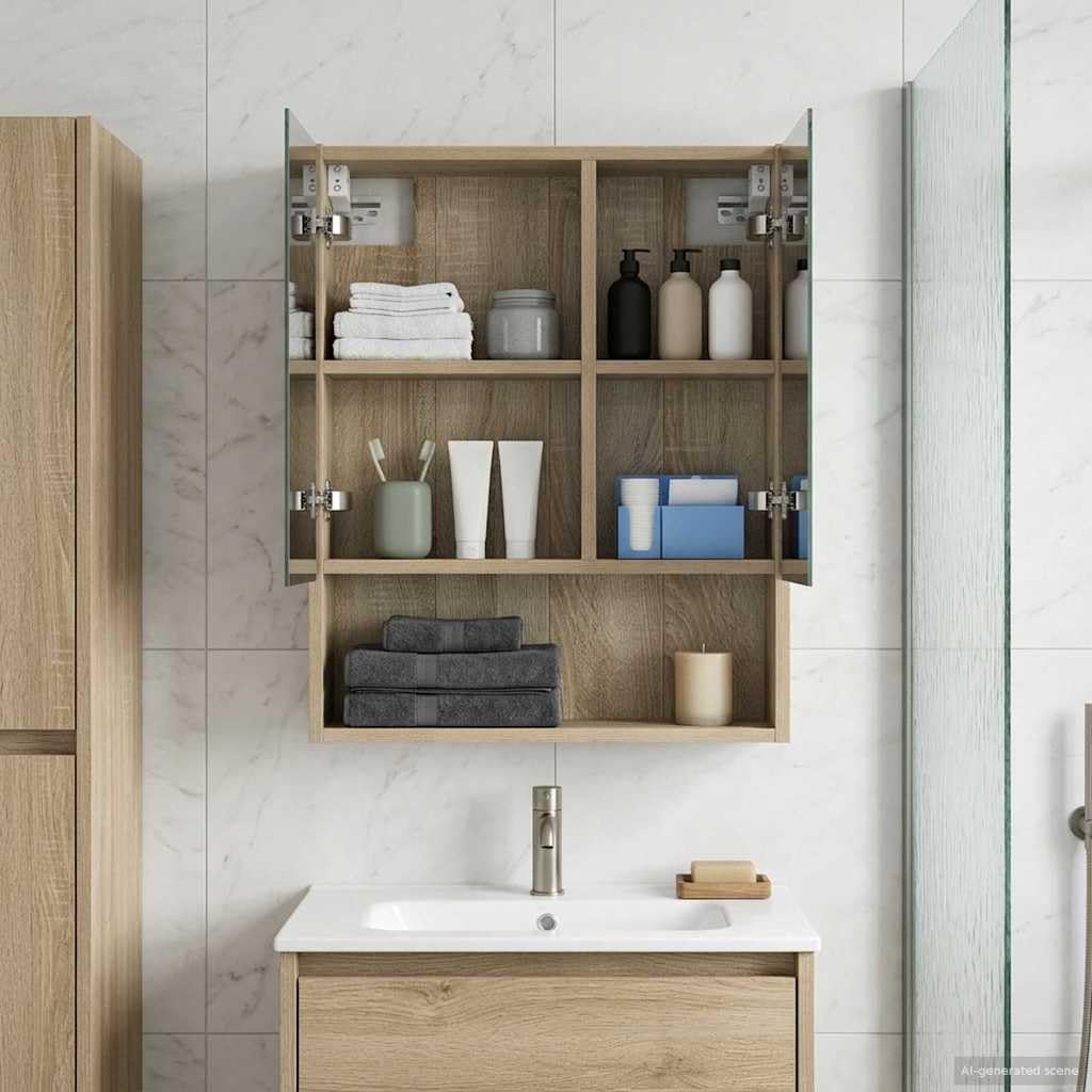 Szafka łazienkowa z lustrem dąb Sonoma 50 x 14,5 x 70 cm z drzwiami, materiał drewnopochodny, montaż na ścianie, miejsce do przechowywania z 2 półkami, dwustronne lustro do łazienki, WC