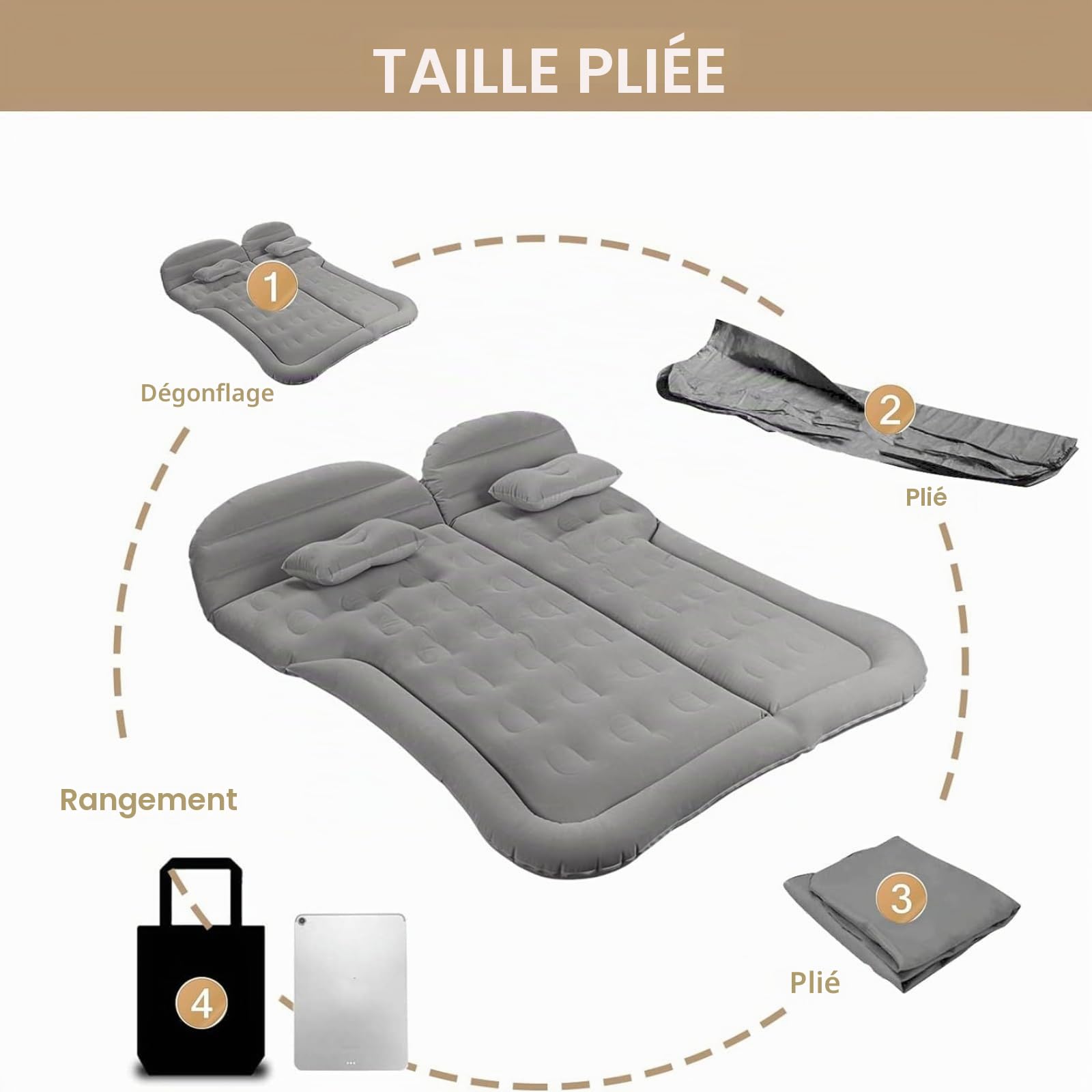 Matelas gonflable pour voiture avec pompe à air et 2 oreillers, matelas d'air universel pour coffre et SUV, camping, voyages, extérieur, 175 cm x 130 cm, couleur gris