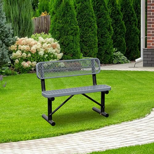 Image of 4ft Gray Metal Park Bench with Backrest, Heavy Duty Outdoor Benches Weatherproof Steel Long Playground Bench Seats, Commercial Garden Benches Red Dock Benches for Lawn, Park, Deck,Patio, Porch