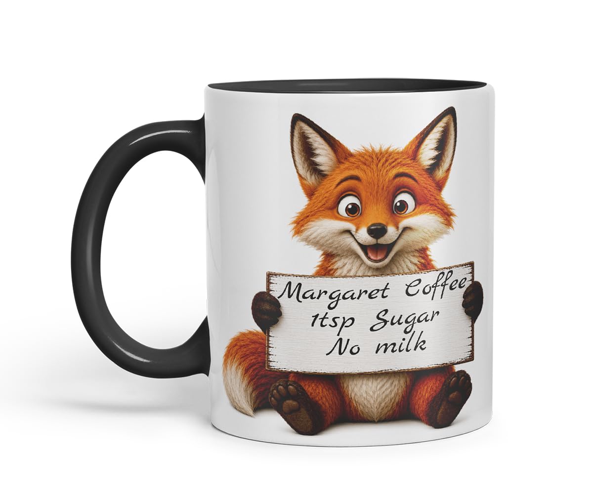 Vixar Personalised Fox Mug with Name or Custom Message – Cute Animal Coloured Ceramic Mug Cup Gift, 11oz (Black)