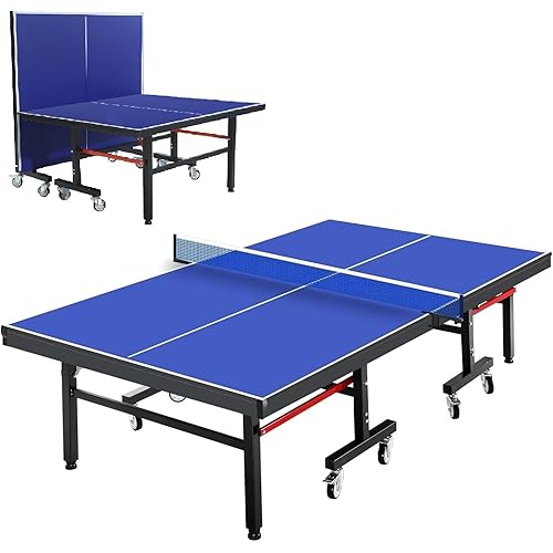 9ft Mid-Size Table Tennis Table Foldable & Portable Ping Pong Table Set for Indoor & Outdoor Games with Net, 2 Table Tennis Paddles and 3 Balls