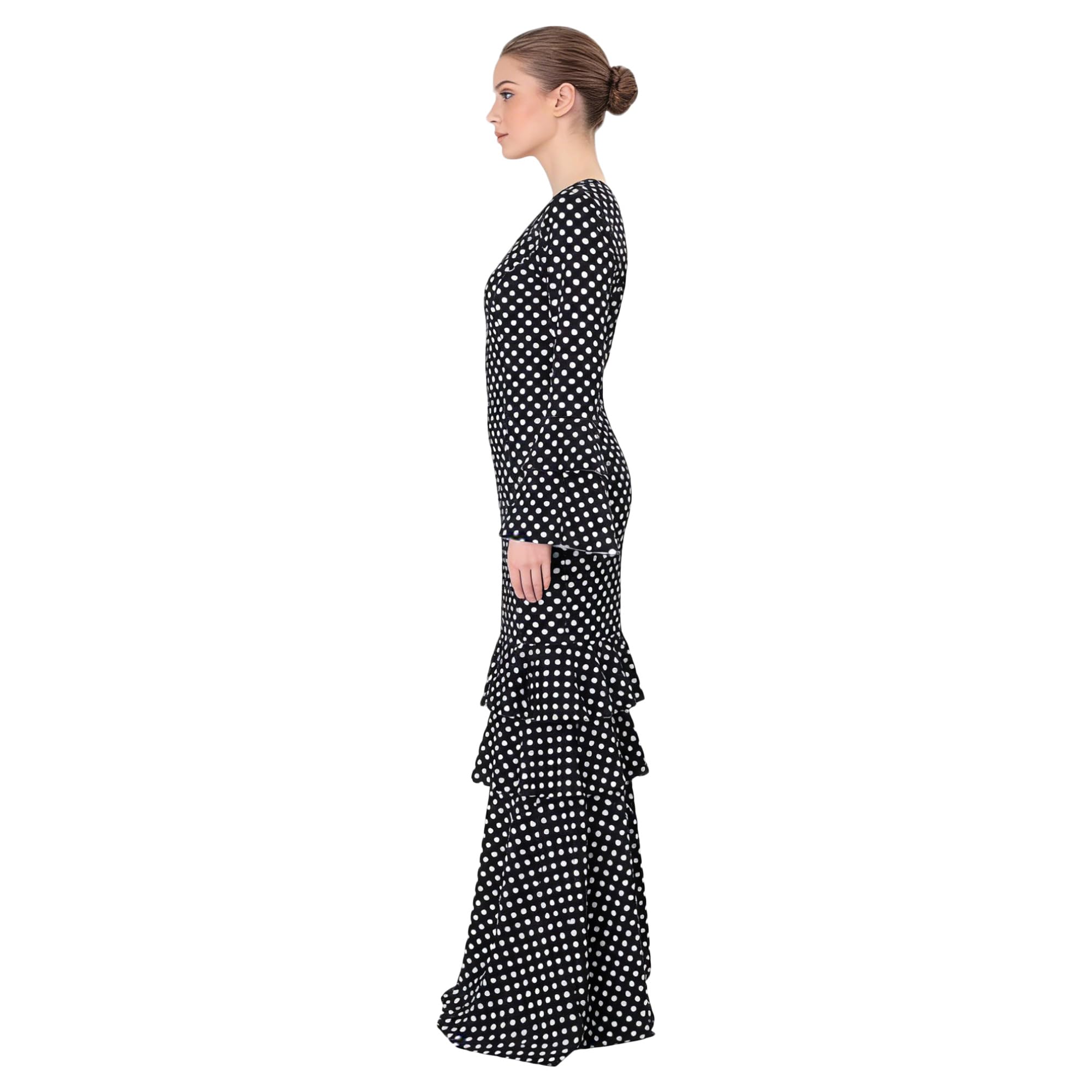 Vestido Flamenco Mujer Largo - Sevillana Adulto con Lunares y Mangas Acampanadas - Traje Andaluz Elegante para Feria y Baile